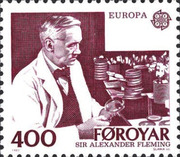 Briefmarke der Färöer-Inseln zu Ehren von Alexander Fleming © Beide Abb. Wikipedia.org