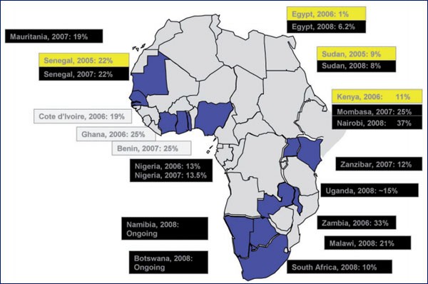 Abb. 4: HIV-Prävalenzraten bei MSM in Afrika, 2000-08
