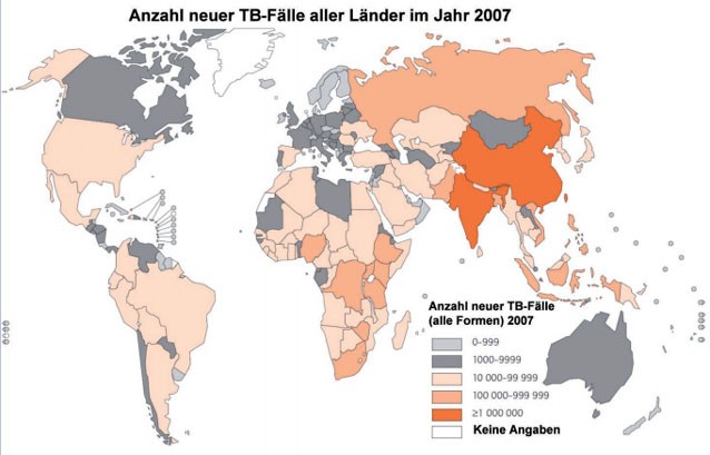 StäbAbb. 1: Anzahl der neuen TB-Fälle im Jahr
      2007 (modifiziert nach http://www.who.int/tb/publications/global_report/2009/en/index.html, WHO 2009)