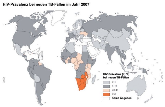 Abb. 2: Weltweite HIV-Prävalenz bei neuen TB-Fällen im Jahr 2007 (modifiziert
      nach http://www.who.int/tb/publications/global_report/2009/en/index.html, WHO 2009)