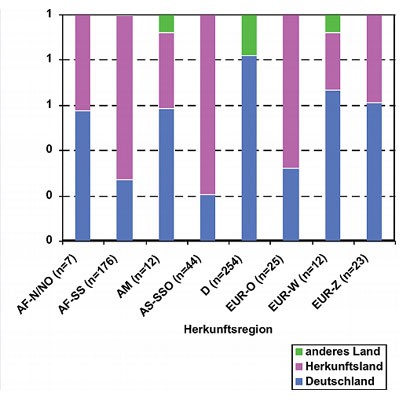  Abb. 4: Anteilige Verteilung auf angegebene Infektionsregionen (y-Achse) bei neu mit HIV neu diagnostizierten Personen mit heterosexueller Transmission (HET + HPL) und Herkunftsangabe (x-Achse), Deutschland 2009 (n=553). AF-N/NO = Nordafrika/Naher Osten; AF-SS = Subsahara-Afrika; AM = Amerika; AS-SSO = Südost-Asien; D = Deutschland; EUR-O = Osteuropa; EUR-W = Westeuropa; EUR-Z = Zentraleuropa 