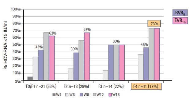 Abb. 3  Tripletherapie mit Boceprevir bei HIV/HCV-Koinfektion. Ansprechraten (HCV-RNA unter Nachweisgrenze) zu Woche 16 nach Fibrose-Score