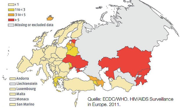 HIV-Diagnosen pro 100.000 Einwohner bei i.v.-Drogenkonsumenten im  Jahr 2011 in Europa (WHO-Region)