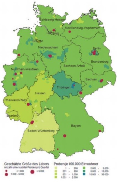 Abb. 2 Regionale Verteilung aller getesteten  Proben pro 100.000 Einwohner anhand der  übermittelten Postleitzahl und Standort des  Labors