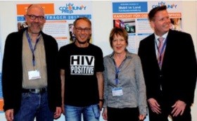 Die Initiatoren des HIV-Community-Preises (v.l.): Dr. Christoph  Mayr (dagnä), Carsten Schatz (DAH), Dr. Annette Haberl (DAIG),  Jörg Schmitz (Janssen)