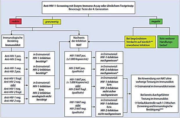 Abb. 2  Algorithmus zum virusdiagnostischen Erstnachweis einer HIV-1- oder HIV-2-Infektion (Erstmaterial: Serum oder Plasma)