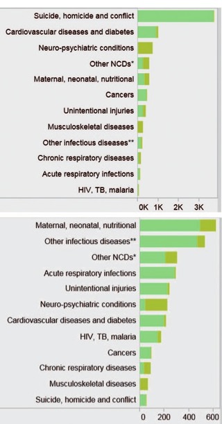 Abb. 2  Burden of Disease in Disability-adjusted life years (DALYs) Syrien (oben) / Eritrea (unten)