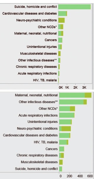 Abb. 2  Burden of Disease in Disability-adjusted life years (DALYs) Syrien (oben) / Eritrea (unten)