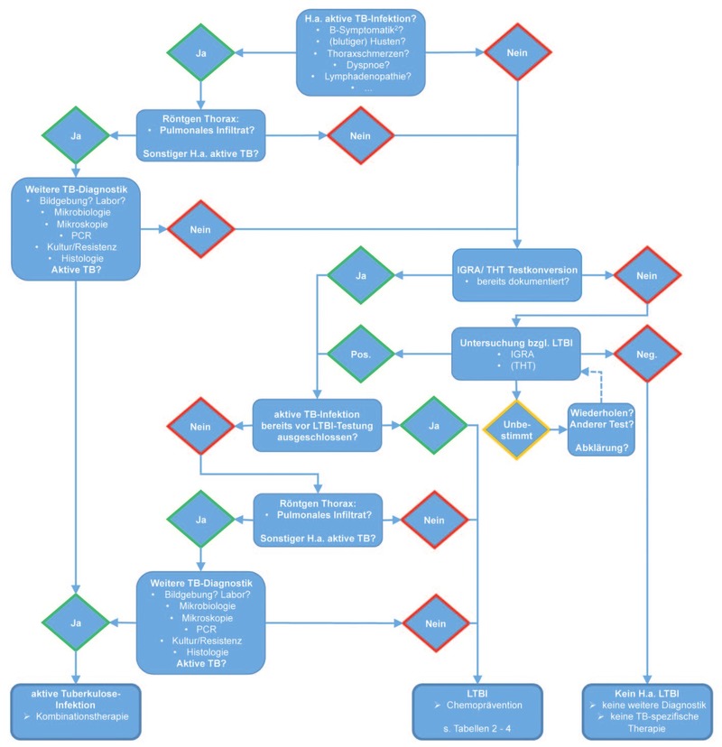 Abb. 1  Empfohlenes Vorgehen zur Abklärung einer latenten Infektion mit M. tuberculosis (LTBI) bei Patienten mit entsprechender Indikation