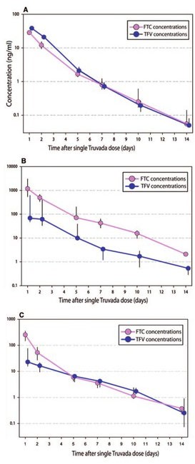 Abb. 2   Konzentrationen von Emtricitabine (FTC) und Tenofovir (TFV) nach Einnahme von Tenofovirdisoproxilfumarat/Emtricitabin (TDF/FTC) in  Schleimhautgewebe: (A) Rektal (B) Vaginal (C) Zervikal (Die mittlere Hemmkonzentration 95%, ist 20 (6.8-35) ng/ml)
