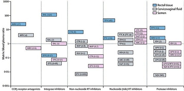 Abb. 1   Antiretrovirale Substanzen mit guter Plasma-Gewebe-Ratio, aufgeschlüsselt nach Sub - stanzgruppen und Geweben. Im Speziellen interessiert das Verhältnis zwischen Plasma und den  männlichen/weiblichen Geschlechtsorganen/Genitaltrakt. Dabei fällt auf, dass die Konzentrati - onen vaginal im allgemeinen niedriger liegen als rektal