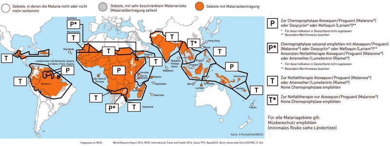 Abb. 1 Malariaprophylaxe 2017 – Einteilung in Zonen
      mit unterschiedlicher medikamentöser Chemoprophylaxe gemäß den Empfehlungen der DTG - Deutschen Gesellschaft für
      Tropenmedizin und Internationale Gesundheit. Stand: Mai 2017