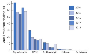 Abb 1  Resistenzanteile aller eingesendeten Isolate im Rahmen des GORENET für die Jahre 2014-2018. PPNG: Penicillinase-produzierende N. gonorrhoeae Isolate