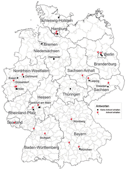 Abb 2Standorte der niedrigschwelligen Drogenhilfeeinrich-tungen, welche an der Befragung zu den Auswirkungen der COVID-19-Krise auf die Präventionsangebote teilgenommen haben