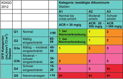 Abb 1  Die Farbskalierung bedeutet die Gefährlichkeit, die Zahl in den Feldern, wie oft die Nierenfunktion / Jahr überprüft werden soll