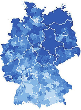 Abb. 1  German Index of Socioeconomic Deprivation (Kroll et al., 20171). Dargestellt ist die regionale sozioökonomische Deprivation auf der Ebene der kreisfreien Städte und Landkreise. Je dunkler der Blauton, desto höher die durchschnittliche sozioökonomische Deprivation der Bevölkerung in der Region.