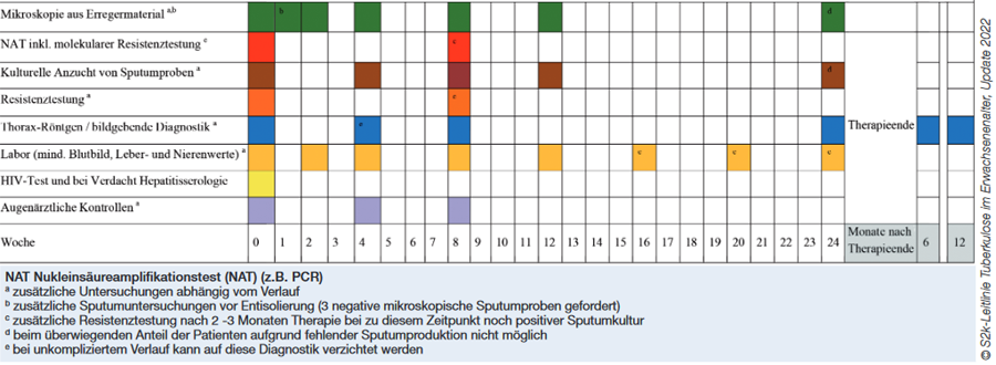 Abb. 1 Vorschlag für den
      zeitlichen Ablauf von Verlaufskontrollen unter Standardtherapie der medikamentensensiblen Lungentuberkulose ohne
      Komplikationen für Erwachsene