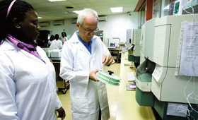 Stefan H.E. Kaufmann (rechts) führt Immunogenitätstests an menschlichen Proben durch © Max-Planck-Gesellsch