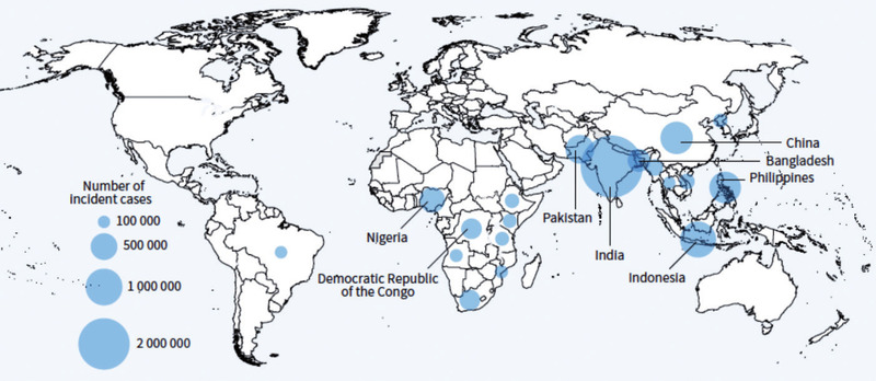 Abb. 1  Geschätzte Tuberkulose-Inzidenz 2021 in Ländern mit mindestens 100.000 Fällen