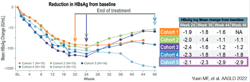 Abb. 1 HBsAg-Verlauf über 48 Wochen unter VIR-2218 allein und in Kombination mit pegyliertem Interferon alfa bei chronischer Hepatitis B